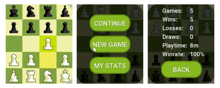 Screenshots of the Zepp Health Mini Chess app for Amazfit smartwatches. (Image source: Silver Developer)