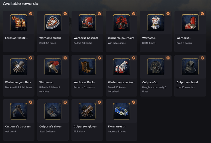 All available rewards on the PROS page, previously Twitch-drop exclusives. (Image Source : KCD 2 PROS)