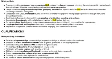 Ubisoft job listing qualifications for Game Designer is shown
