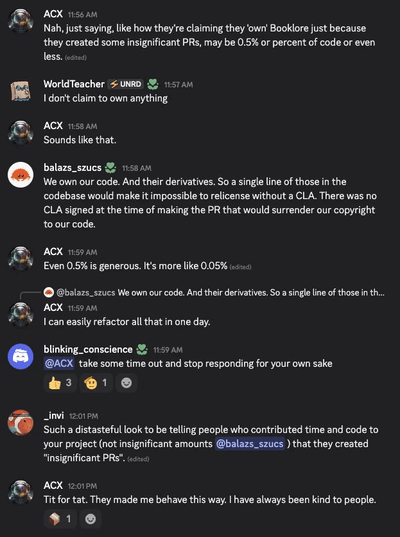 An excerpt of a discord conversation with the Booklore developer around the licensing agreement changes and the requirement to cover community contributions under a CLA