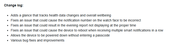 The change log for beta version 15.10 for the Garmin vivoactive 6. (Image source: Garmin)