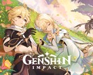 Official key art for Genshin Impact featuring the Travelers, Aether and Lumine, alongside Dainsleif.