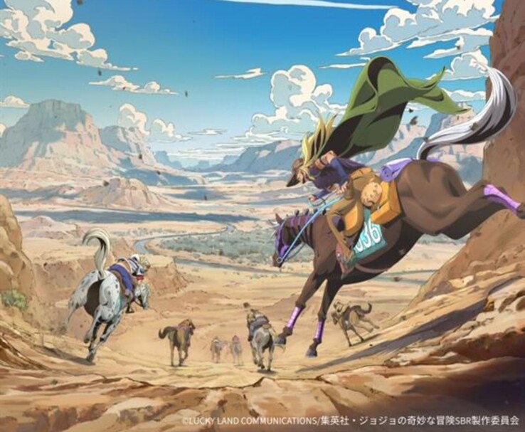 Official key visual from Netflix’s Steel Ball Run anime featuring Gyro Zeppeli and Johnny Joestar racing through the American desert. (Image source: Lucky Land Communications / Shueisha / Warner Bros. Japan / Netflix Anime