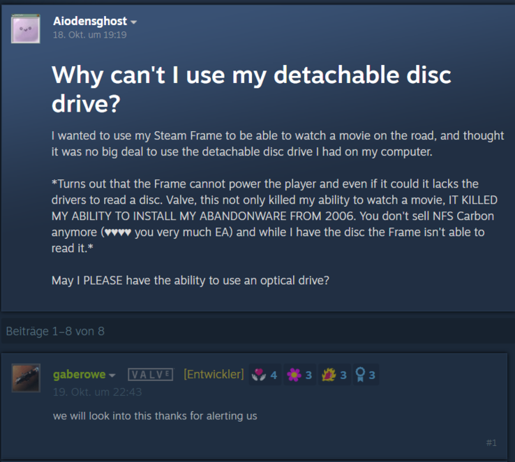 Valve developer Gabe Rowe responded the very next day and promised to look into the issue. (Pictured: A screenshot from the Steam Community forums.)