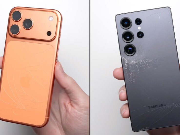 Back of the iPhone 17 Pro Max (left) and Galaxy S25 Ultra (right) after a 1-meter drop test. (Image source: PhoneBuff on YouTube, screenshot)