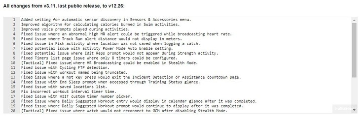 Changelog for Garmin public software version 12.26, available for the Instinct 2X smartwatch. (Image source: Garmin)