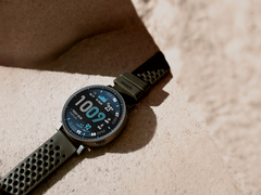 The Amazfit Active Max smartwatch, pictured against a rock-textured background. (Image source: Amazfit)
