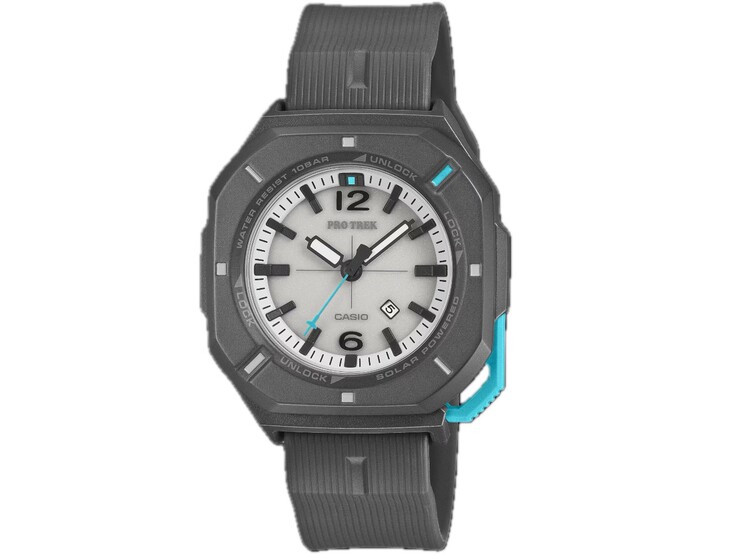 Casio Pro Trek PRJ-01AE-8 analog watch with a gray case, white dial, turquoise accents, and black band