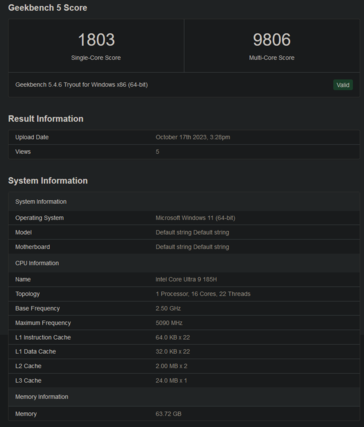 Core Ultra 9 185H Geekbench listing (image via Geekbench)