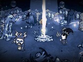 Dont Starve Together characters fighting monsters with a pillar of light in the centre of the scene