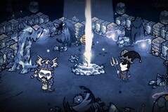 Dont Starve Together characters fighting monsters with a pillar of light in the centre of the scene