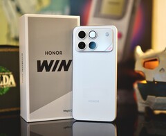 A first-gen Honor Win smartphone offset against its box.