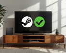 Steam Machine shown in living room with verified logo on screen (Image source: Valve with edits)