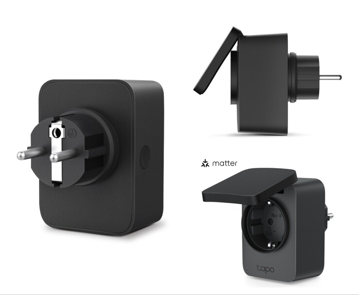 Multiple views of the TP-Link Tapo P410M smart outdoor plug highlighting its compact design, protective cover, and Matter compatibility logo. (Image source: TP‑Link)