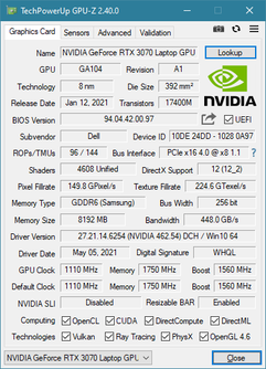 Alienware m15 R5 RTX 3070 Laptop GPU with lower clocks, reduced CUDA cores, and low pixel fillrate. (Image Source: u/REAVER117 on Reddit)