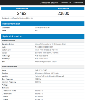 AMD Epyc Rome 7702P Geekbench score. (Source: Geekbench)
