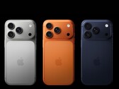 Three Apple iPhone 17 Pro units in silver, orange, and dark blue finishes (Image source: Apple)