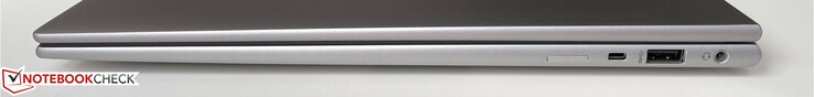 Right: Nano SIM slot (optionally on WWAN models), Kensington Nano Security Slot, USB-A 3.2 gen 1 (5 Gb/s, powered), 3.5mm stereo