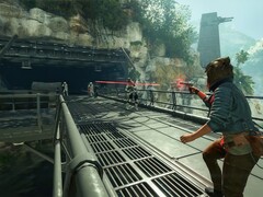 Kay Vess, the protagonist in Star Wars Outlaws, shooting at Strom Troopers. (Image source: Nintendo)