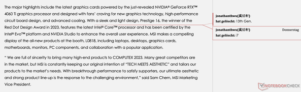 MSI Prestige 16 press release