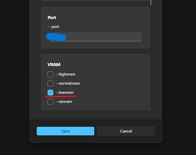 A screenshot of the settings menu within the ComfyUI tile on Stability Matrix with low vram highlighted. (Image Source: Windows Screen Capture)
