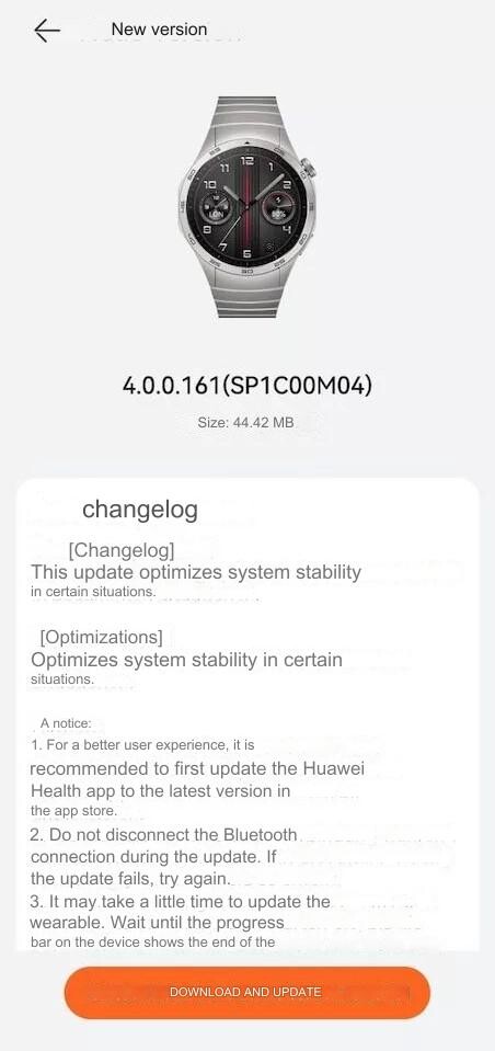 The changelog for update version 4.0.0.161 for the Huawei Watch GT 4. (Image source: Huawei.blog/Google Translate)