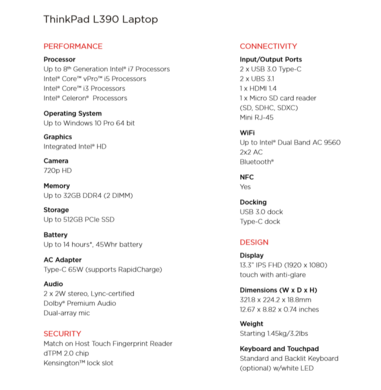 Lenovo ThinkPad L390 Specs