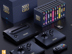 A render of the Neo Geo Aes+ with its gamepad joysticks and a video game collection