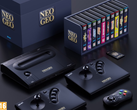 A render of the Neo Geo Aes+ with its gamepad joysticks and a video game collection