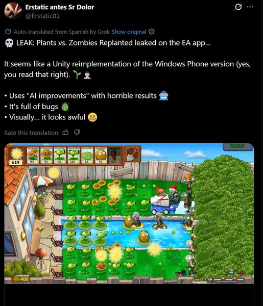 Screenshot from Plants vs. Zombies Replanted leaked version (Image source: screenshot, Erstatic antes Sr Dolor X account)