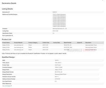 The Galaxy S10 and Note 10 Lite's new certifications. (Source: NashvilleChatter)