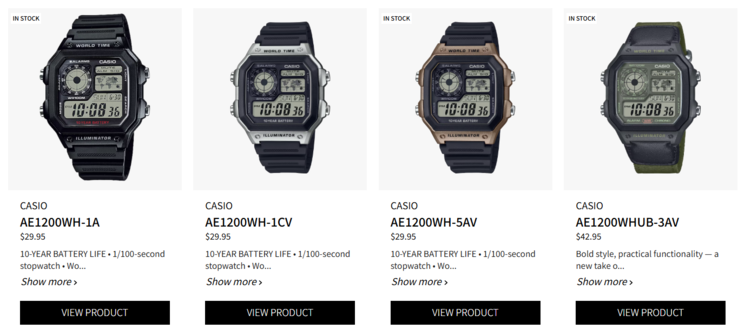 More variants from Casio's AE-1200WH collection. (Image source: Casio)