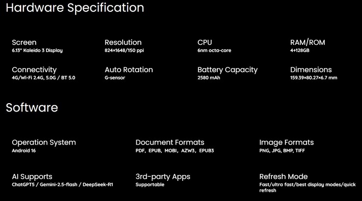 Specs of the AiReader C (Image source: Viwoods)