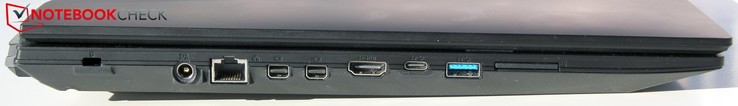 left: Kensington, power, 2x miniDP, HDMI, USB-C (3.1), USB-A (3.1)