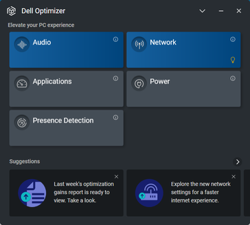 Dell Optimizer home screen. Note that Presence Detection is unavailable on the Latitude 7330 despite the icon