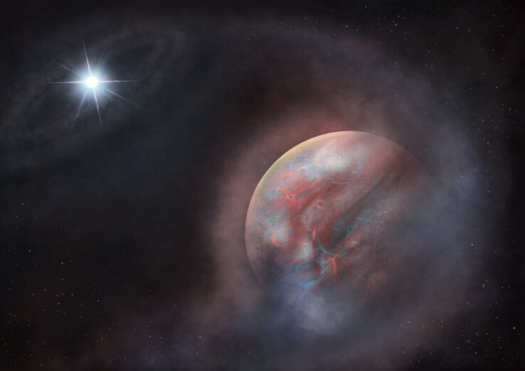 An artist's illustration showing the exoplanet candidate orbiting the white dwarf HS 0209+0832.