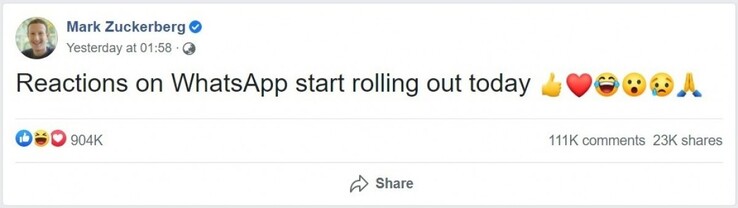 Mark Zuckerberg shows WhatsApp's inaguural reactions emojis off. (Source: Meta via GSMArena)