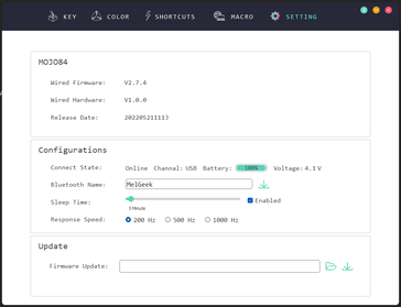 Battery percentage (4000 mAh) and response speed (200, 500, or 1000 Hz) are listed in the Settings