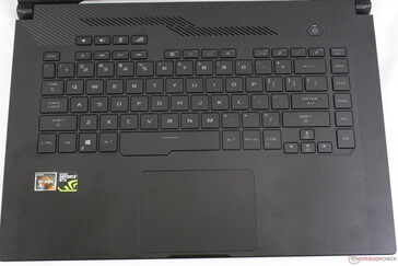 Similar keyboard layout as the GX501 with dedicated volume, mic, and Armoury Crate keys along the top. The small Directional keys feel cramped