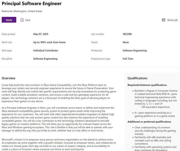 Microsoft job listing for Principal Software Engineer (Image source: screenshot, Microsoft Careers)