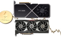 Retail prices for RTX 30 and RX 6000 GPUs have fallen in line with Ethereum&#039;s market value. (Image source: Nvidia/AMD/Unsplash/Coinbase - edited)