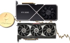 Retail prices for RTX 30 and RX 6000 GPUs have fallen in line with Ethereum's market value. (Image source: Nvidia/AMD/Unsplash/Coinbase - edited)