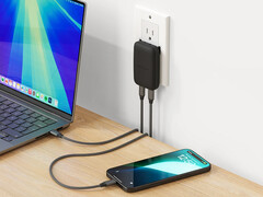 The new OntheGo GaN charger costs $39.99. Pictured: the charging brick connected to devices. (Image source: Satechi)
