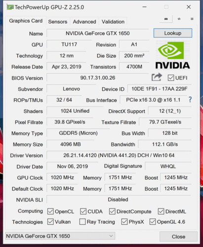 When is a GTX 1650 not a GTX 1650? When it is in an X1 Extreme Gen 2, apparently. (Image source: Notebookcheck)