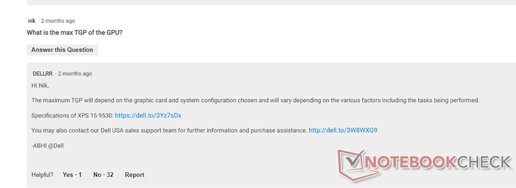Dell representative response to the GPU TGP in the XPS 15 9530