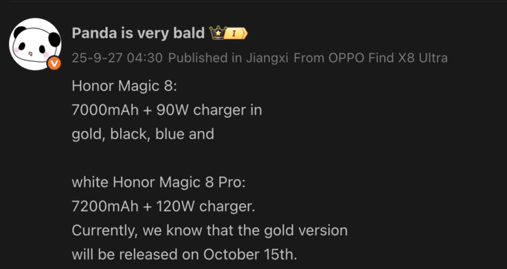 Leaked information of the Magic 8. (Image source: Weibo - machine translated)