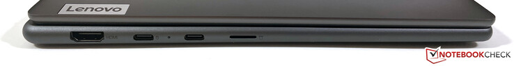 Left: HDMI 2.1, USB-C 3.2 Gen 2 (10 Gbps, DisplayPort ALT Mode 1.4, Power Delivery), USB-C 4 (40 Gbps, DisplayPort ALT Mode 1.4, Power Delivery 3.0)  microSD reader