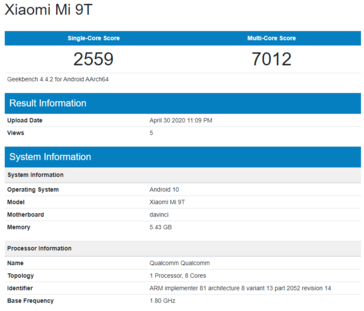 Xiaomi Mi 9T on Geekbench. (Source: Geekbench)