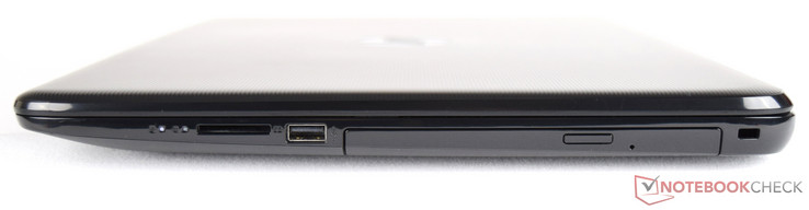 Right side: Status LEDs, SD-card reader, USB 2.0, DVD-RW, Kensington Lock