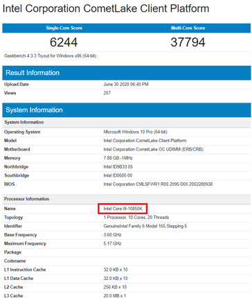 Intel Core i9-10850K. (Image source: Geekbench)